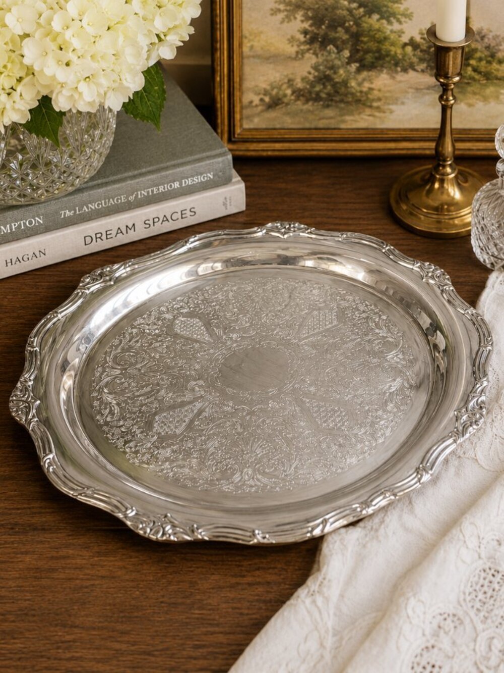 Vintage Pilgrim Oneida Silverplate Tray – Etched Scalloped Serving Platter